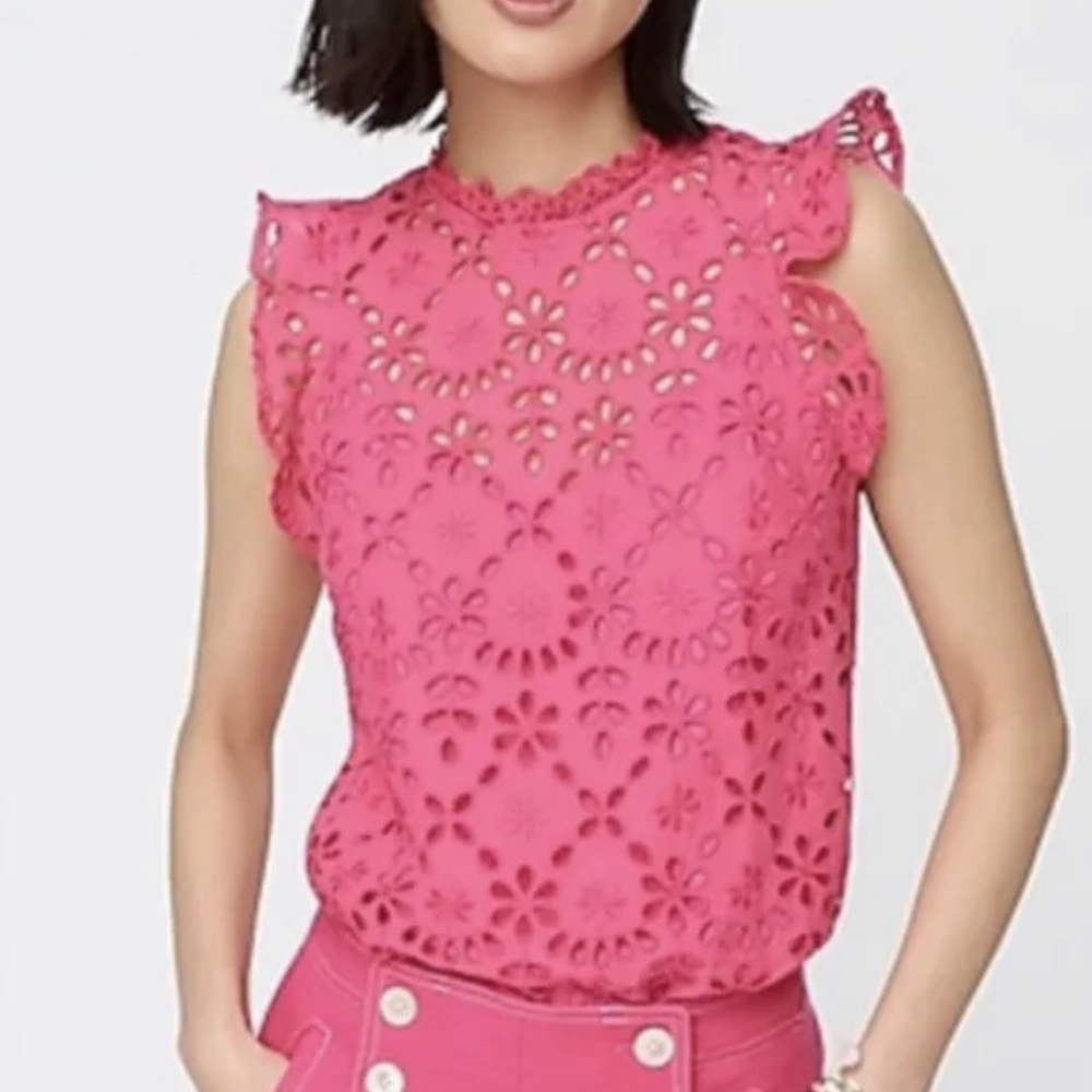 J. CREW HOT PINK EMBROIDERED EYELET MOCKNECK TOP WITH FLUTTER SLEEVES Size XL